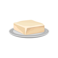 Piece of butter on a plate, healthy fresh dairy product vector Illustration on a white background