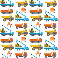 Construction delivery truck vector transportation vehicle construct and road trucking machine equipment large platform industrial truck seamless pattern background illustration.