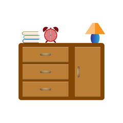 Book, alarm clock and lamp on wooden cabinet for interior in livingroom - Vector illustration