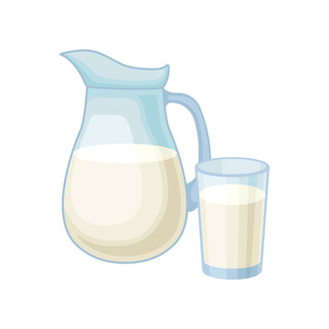 Pitcher and glass of milk, healthy fresh dairy product vector Illustration on a white background