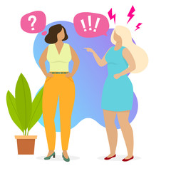 Communication between people. Two women argue, the conflict situation and dispute. Vector