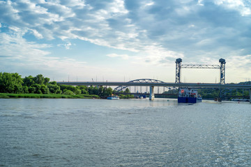 Fototapeta na wymiar View of river Don with ships and bridge over it