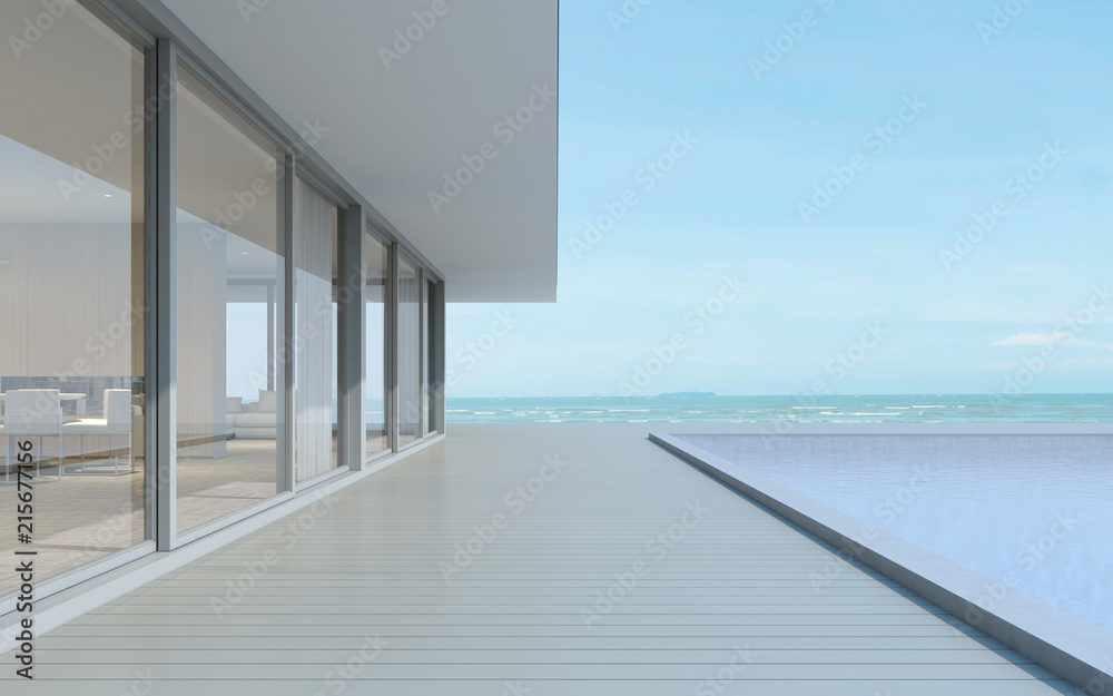 Poster perspective of modern building with wood deck and swimming pool on sea view background,idea of famil