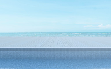 Fototapeta na wymiar Perspective of sea view from wood deck and swimming pool on blue clear sky background,Idea of family vacation. 3D rendering.