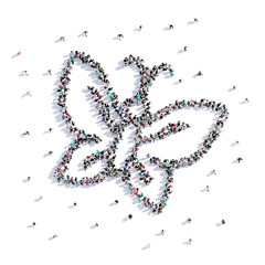 A lot of people form butterfly, children's drawing . 3d rendering.