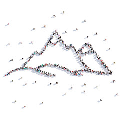 A lot of people form the mountains, children's drawing . 3d rendering.