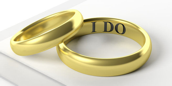 Pair Of Golden Wedding Rings Isolated On White Background, I DO Text Engraved Inside, 3d Illustration