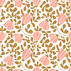 Seamless vector floral wallpaper. Decorative vintage pattern in classic style with flowers and twigs in pink and gold colors.