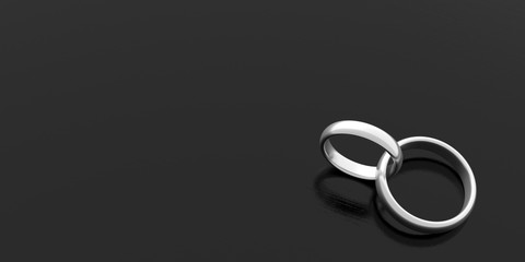 Two silver joined wedding rings isolated on black background, banner, copy space, 3d illustration