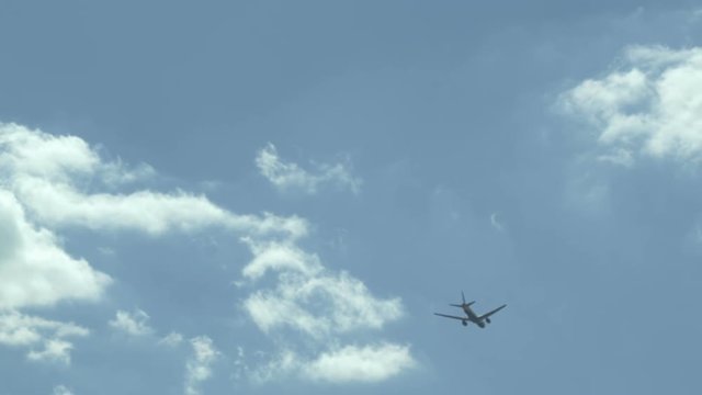 Plane flies far away in the sky