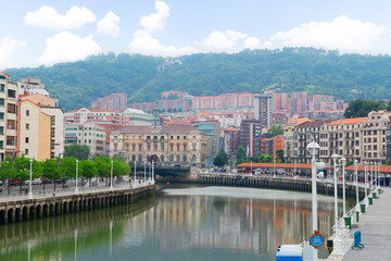 view of old town of Bilbao with river Nervion embankmnt, Spain