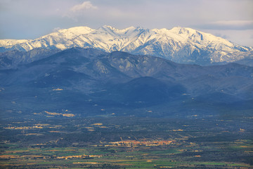 Snowed peak of Canigou mountains from Verdera Castle, Spain