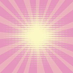 Pop art background, the rays of the sun of yellow color turn into pink or crimson.Circles, balls of different shapes. Vector