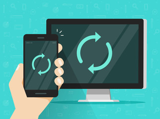 Synchronization of smartphone and computer vector illustration, flat cartoon mobile phone and pc with synch icon on screen, idea of data update, devices connection