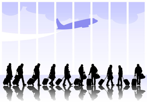 People travelers with suitcases on white background