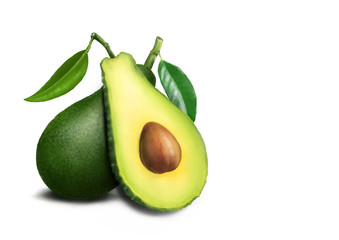 Realistic painting avocado fruit on white background. Whole and cut in half avocado with pit