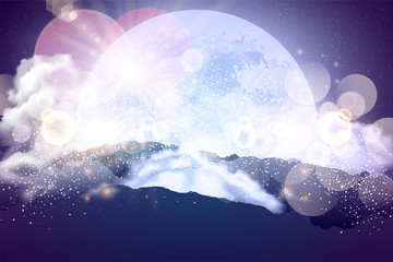 Obraz na płótnie Canvas Night landscape with rock, clouds,moon. Magic Space - planets, stars, nebulae and galaxies, lights. With layers for parallax, weird mountains range for UI game. Vector illustration / Eps10