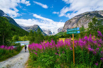 Man hiking to a glacier in Norway