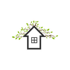 Green house concept with home and green leaf logo, vector design element