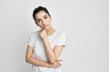 young woman in white t-shirt