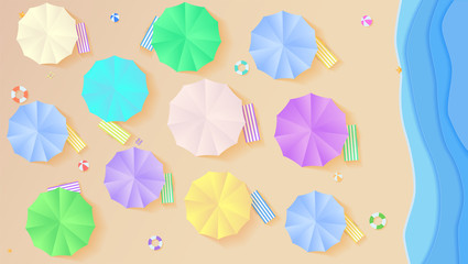 Top view on summer filled beach in paper craft style. Aerial view on seashore with sun umbrellas, deck chairs, balls, swimming ring, surfboard, sandals, starfish. Horizontal background.