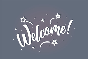 Welcome lettering card, banner. Beautiful greeting scratched calligraphy white text word stars. Hand drawn invitation print design. Handwritten modern brush blue background isolated vector