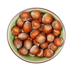 Hazelnuts in bowl isolated on white background, top view, clipping path