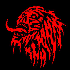 Terrible demon head with tongue. Vector illustration.