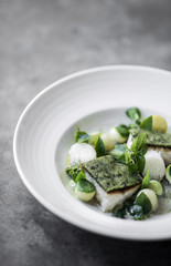 roast fish fillet with herb crust in lemon cream sauce