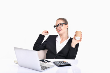 Business Concept. Beautiful young businesswoman looks charming and trustworthy. Young businesswoman has leadership on a white background. Young businesswoman is working happily.