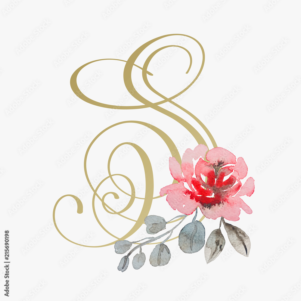 Sticker golden hand lettering font with handmade rose flower