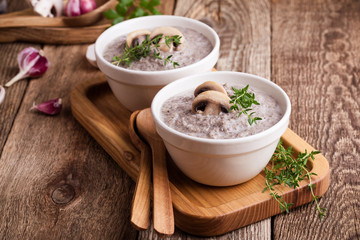 Hearty mushroom soup in ceramic bowl