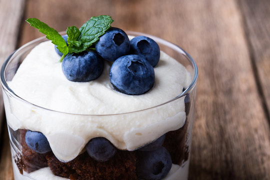 Blueberry chocolate cake  trifle in glass
