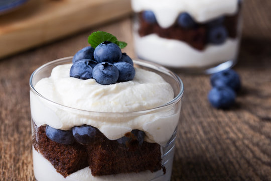 Blueberry chocolate cake  trifle in glass