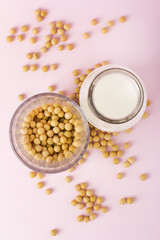 Soy products on pink background