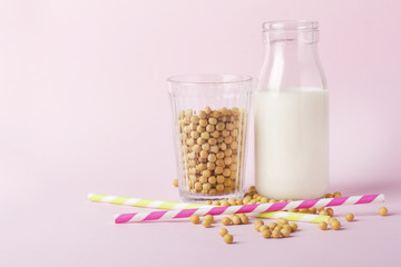 Soy products on pink background