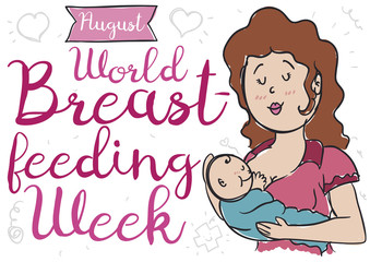 Mom and Baby in Doodle Style for World Breastfeeding Week, Vector Illustration