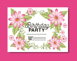 birthday party card with floral frame vector illustration design