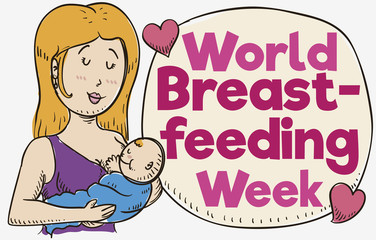 Mom, Baby, Speech Bubble and Hearts for World Breastfeeding Week, Vector Illustration