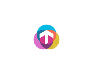 Letter T logo design. Colorful circles overlay icon logotype.