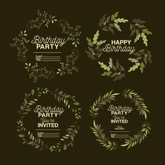 birthday party invitation with set floral crown vector illustration design