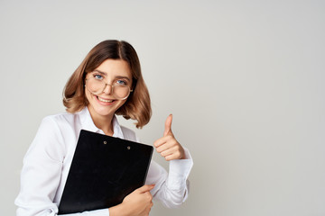 business woman pointing at copy space