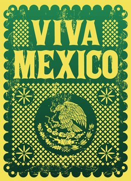 Viva Mexico mexican holiday vintage vector poster, street decoration illustration.