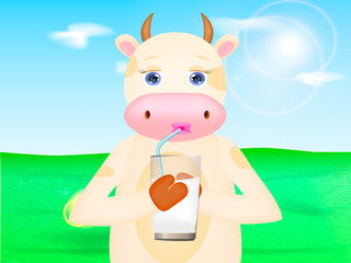 Obraz na płótnie Canvas Happy cartoon cow drinks milk from a straw on the meadow. Vector illustration