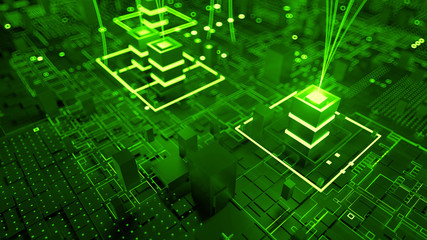 3d render abstract tehcnology background with connection arcs ang bright tower elements. Communication concept.