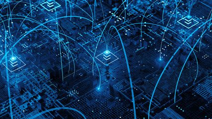 3d render abstract tehcnology background with connection arcs ang bright tower elements. Communication concept.