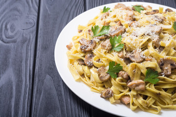 Pasta tagliatelle with chicken meat and mushroom