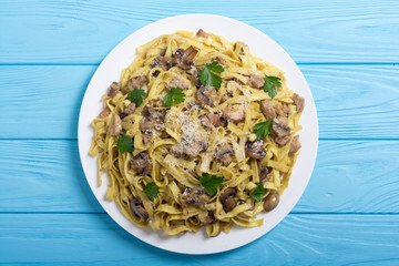 Pasta tagliatelle with chicken meat and mushroom