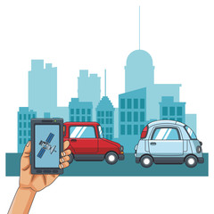Hand using smartphone to track cars at city vector illustration graphic design