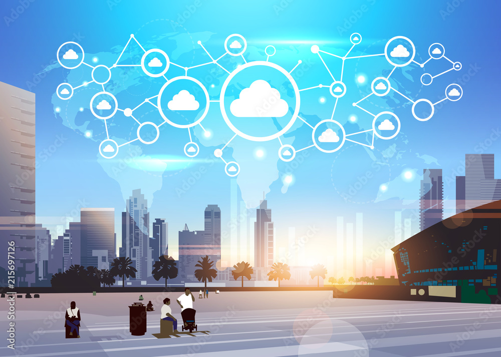 Poster people world map database cloud security network icon futuristic interface data privacy connection c